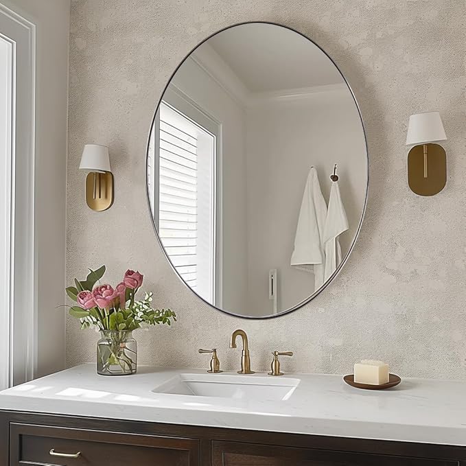 ANDY STAR Brushed Nickel Oval Mirror,24 x 36 Inch Bathroom Mirror Brushed Nickel Stainless Steel Metal Frame, Oblong Mirror Pill Shaped Mirrors for Bathroom Wall Mount Horizontal or Vertical