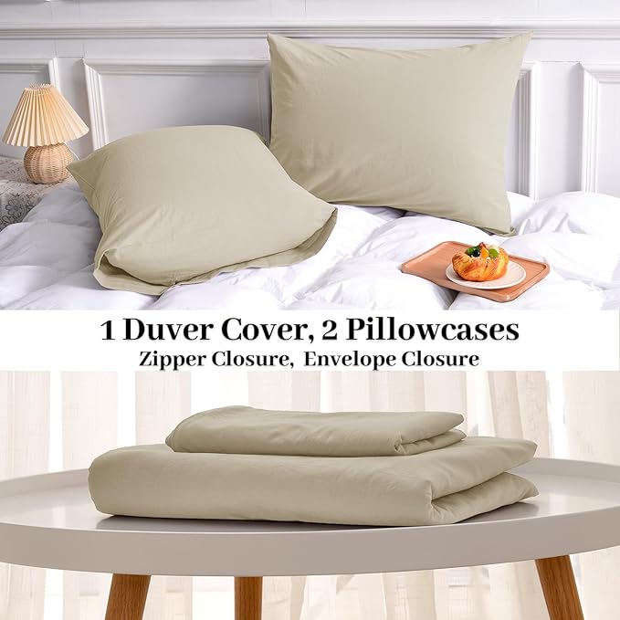 NEXHOME PRO Duvet Cover Set Oversized Queen 98"x98" Linen Feel Textured Cream Grey Organic Natural 100% Washed Cotton Duvet Cover 3 Pieces Bedding Set Zipper Closure, Breathable (No Comforter)