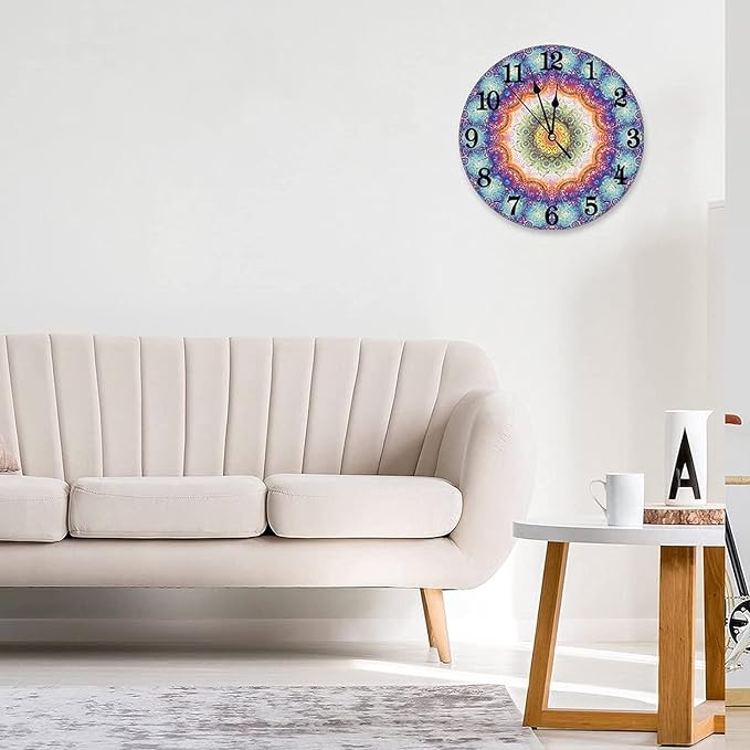 Mandala Wall Clock Battery Operated Silent Round Clock Peacock Feathers Wall Decor for Home Office School, 12 Inch