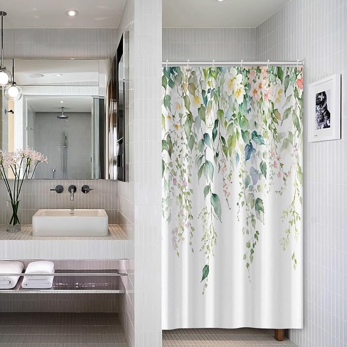 Sage Green Eucalyptus Shower Curtain Watercolor Botanical Floral Leaves Shower Curtain Set Spring Nature Bathroom Decor with 6 Hooks,36x72 Inches