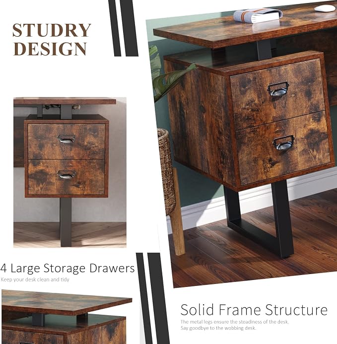 Computer Desk with Drawers 59" L Contemporary Home Office Laptop Desk with Floating Desktop and 4 Storage Drawers Vintage Study Gaming Table with Metal Frame Black & Rustic Brown CTSZ20401RC