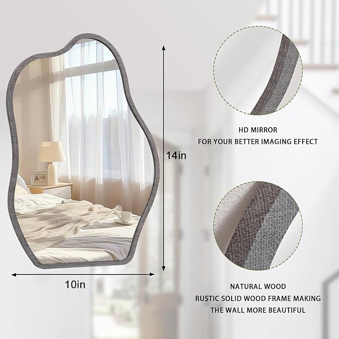 Wood Frame Mirrors Asymmetrical Irregular Wall Unique Shape Modern Wall Mounted Vanity Artistic Mirror Decorative for Living Room Bedroom Bathroom Entryway Hallway Small 14"x10"