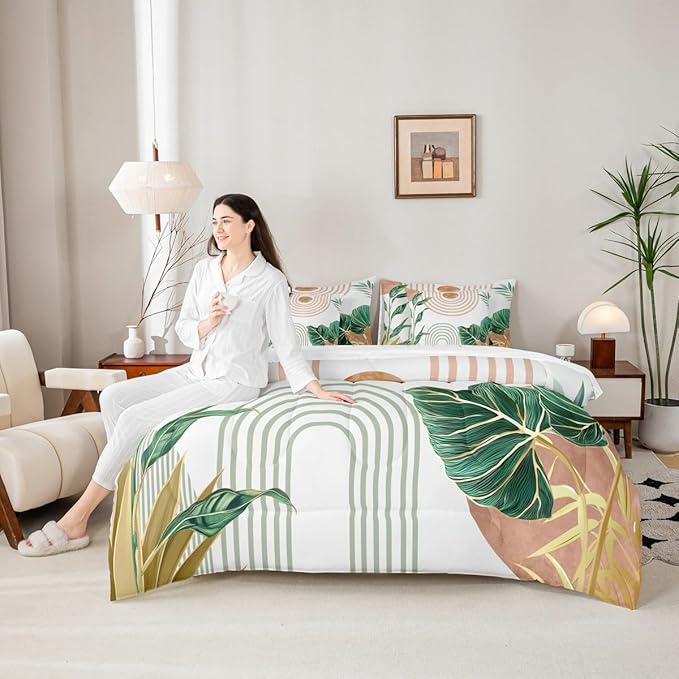 Erosebridal Pink and Green Boho King Comforter Set with Sheets 7 Piece Aesthetic Mid Century Bed in A Bag Simple Line Botanical Leaf Art Bedding Sets for Teens Modern Minimalist Tropical Bed Set