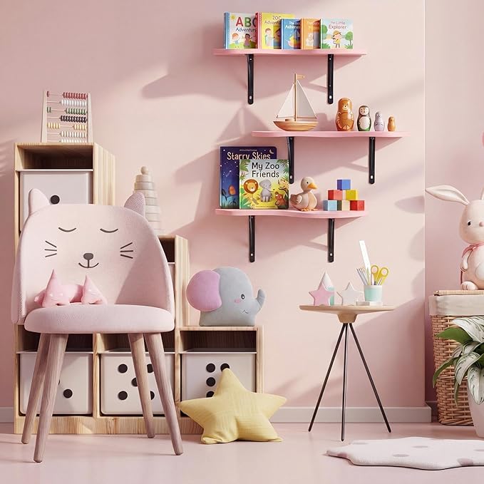 AceOrbit 3 Pcs Pink Floating Shelves Wavy Cloud Shelves Cute Wooden Shelf Live Edge Wall Mount Shelf Kawaii Pastel Room Decor Bookshelves Organize for Bedroom Living Room Home Decor Housewarming Gifts