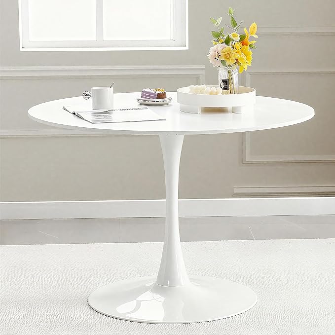 42 Inch White Round Dining Table for 4-6 Person,Modern White Tulip Table,Mid-Century Leisure Table Kitchen Dining Table with MDF Tabletop and Pedestal Base for Home Kitchen