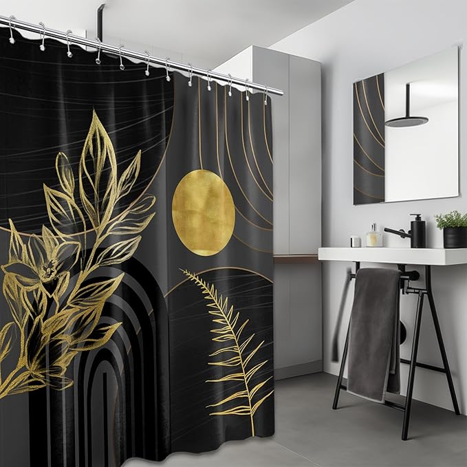 Black and Gold Shower Curtain Boho Mid Century Black and Dark Grey and Gold Shower Curtains for Bathroom Decor, Waterproof Cloth Fabric with Hooks, 70" W x 78" L