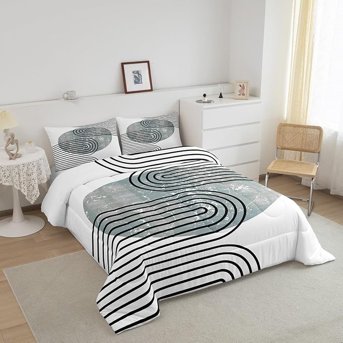 Erosebridal Mid Century Comforter Twin Modern Minimalism Bedding Set, Navy Blue Grunge Down Comforter Black Stripe Bed Set, Aesthetic Abstract Quilted Duvet 2pcs with 1 Pillow Case