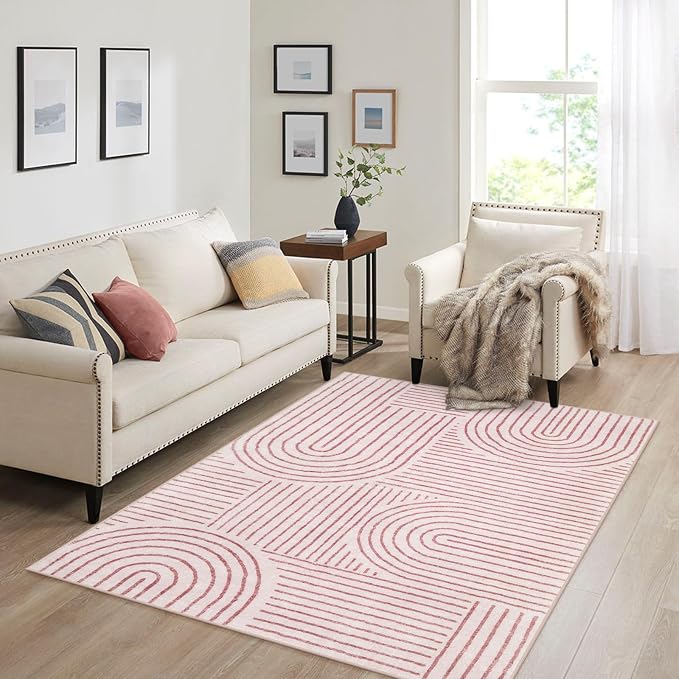 Lahome Abstract Washable Rugs, 4x6 Pink Rug for Bedroom Nursery Soft Non Slip Modern Living Room Rug, Ultra-Thin Non-Shedding Throw Carpet for Entryway Kitchen Office(4'x6',Pink)
