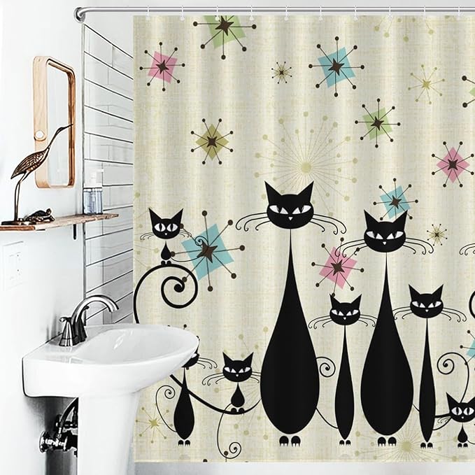 Mid Century Black Cat Shower Curtain,Retro Funny Atomic Cat Modern Abstract Geometric Iconic Pattern Bathroom Curtain Polyester Waterproof Fabric Decor 66x72in（168x183cm）