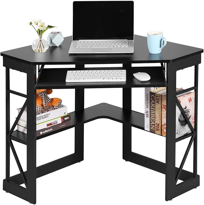 VECELO Corner Computer Desk 41 x 30 inches with Smooth Keyboard & Storage Shelves for Home Office Workstation, Black
