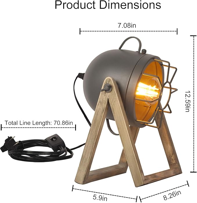 COSYLUX Vintage Table Lamp Grey Old Wood, Retro Searchlight Desk Light for Rustic Decor, Farmhouse Cage Cinema Adjustable Industrial Bedside Lighting for for Loft, Studio, Bedrooms (with no Bulb)