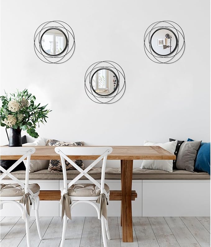 3 Set Black Wall Mirror Black Small Round Decorative Mirrors, Circle Metal Art Mirror Home Decor Bathroom Vanity, Living Room or Bedroom 12”
