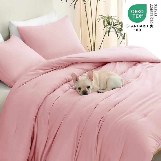 CozyLux Full Size Comforter Set Pink, 3 Pieces Lightweight Down Alternative Quilted Bedding Sets, All Season Soft Breathable Solid Comforter with 2 Pillowcases, Luxury Bed Set Gift for Home