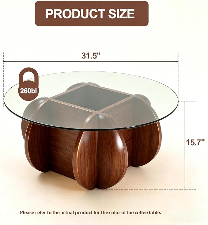 Glass Coffee Tables for Living Room Modern Elegant Round Coffee Table Mid Century Farmhouse Center Table with Solid Wood Frame and Tempered Glass Tabletop, Easy Assembly,31.5''