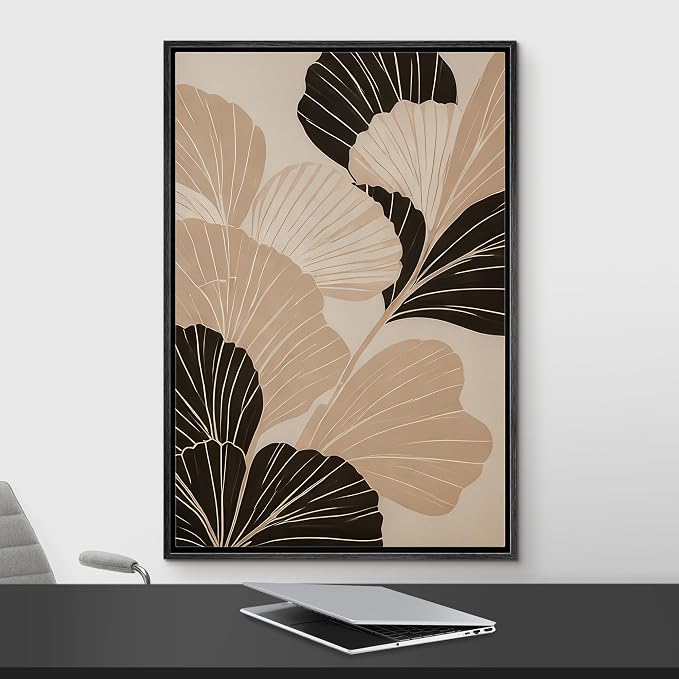 Woodrose Framed Canvas Print Wall Art Ginkgo Leaves Monochrome Nature Abstract Illustrations Modern Art Minimalist 3D Colorful Ultra for Living Room, Bedroom, Office - 24"x36" BLACK