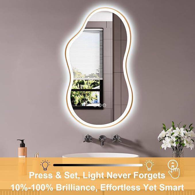 WTTY LED Irregular Bathroom Mirror 20x36 Inch with Front & Back Lights - Asymmetrical Design, Anti-Fog, Dimmable 3 Color Temperatures, Shatterproof Glass, Horizontal or Vertical Mount (Gold Frame)