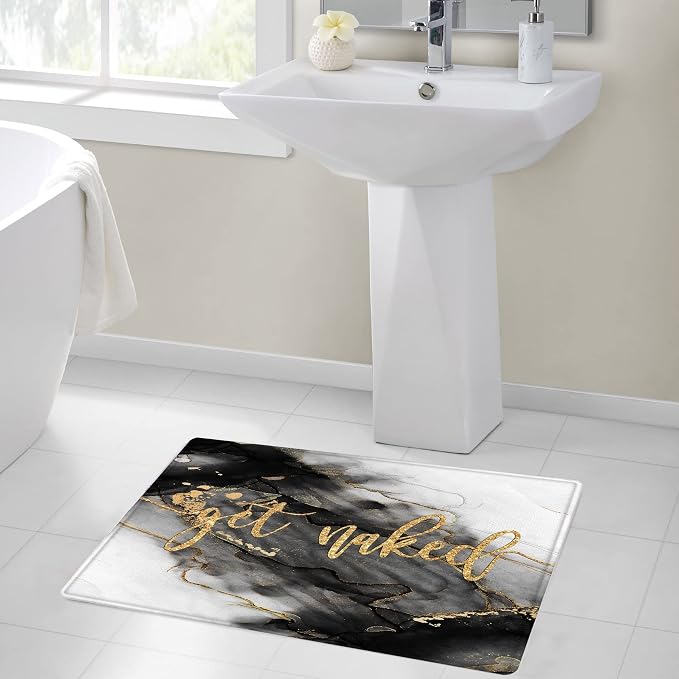 LB Black and Gold Marble Bathroom Rug Funny Quote Get Naked Non Slip Bath Mat Abstract Geometric Art Doormat Memory Foam Super Absorbent Floor Mats,24x16 Inch