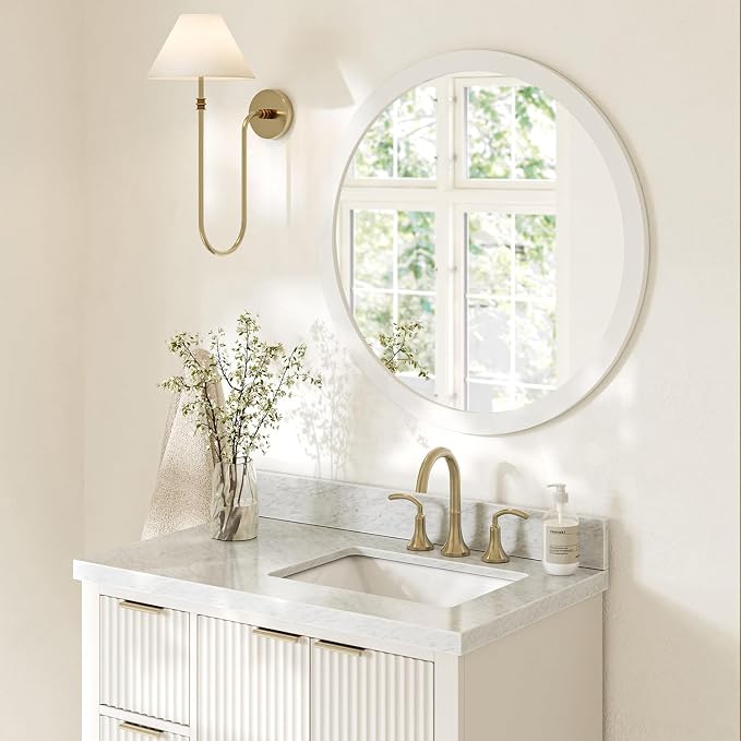 ARIEL Round Wooden Mirror 30" in White, Wood Circle Wall Mirror for Bathroom, Vanity, Entryway & Living Room Decor, Farmhouse Style