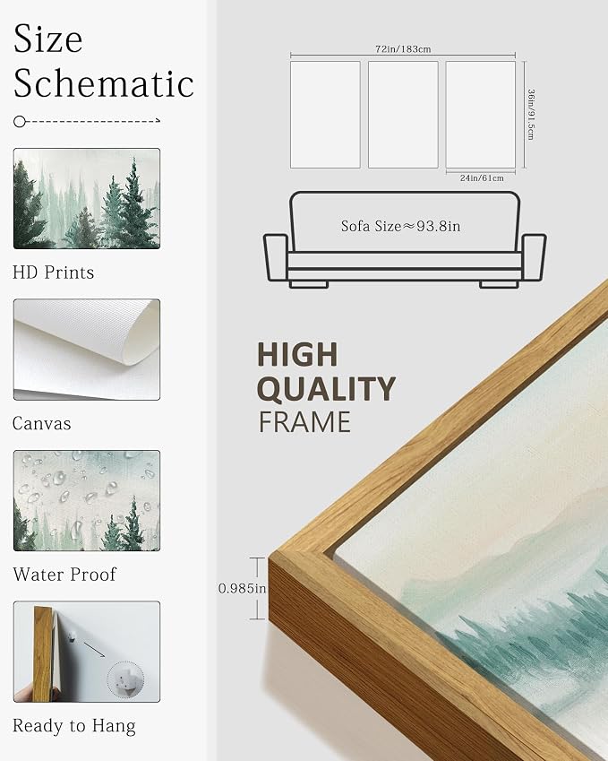 KUVIOKE Fog Pine Tree Mountain Landscape Framed Wall Art Watercolor Nature Misty Forest Painting Vintage Farmhouse Rustic Wall Decor for Bedroom Hallway 24x36in (Natural Framed)