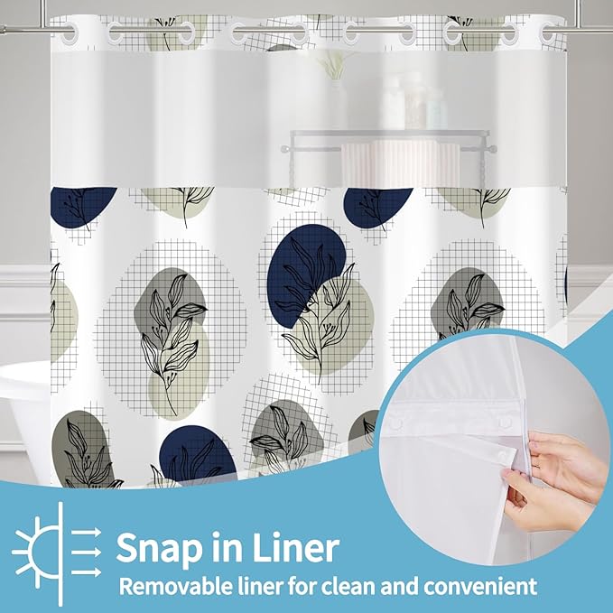No Hook Shower Curtain with Snap in Liner Boho Shower Curtain for Bathroom Waterproof Fabric Creative Gray and Blue Plant Botanical Bath Decor Machine Washable 71x74 Inch