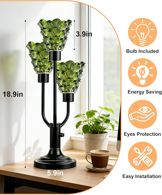 Lightdot Vintage Mid Century Modern Table Lamp Dimmable Nightstand Lamp Black Desk Lamp Green Glass 3 Bulbs Included Warmwhite Ambient Bedside Lamp for Living Room Bedroom Home Office Decor Gift