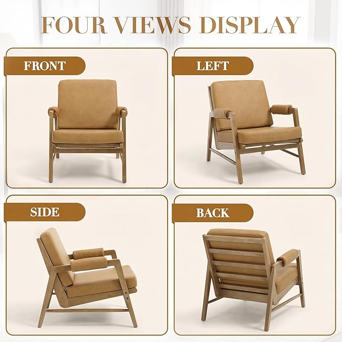 CIMOTA Mid Century Modern Accent Chair, Leather Upholstered Living Room Chairs with Arms, Comfy Reading Chair with Solid Wood Frame, High Back for Bedroom, Waiting Room, Office, Brown