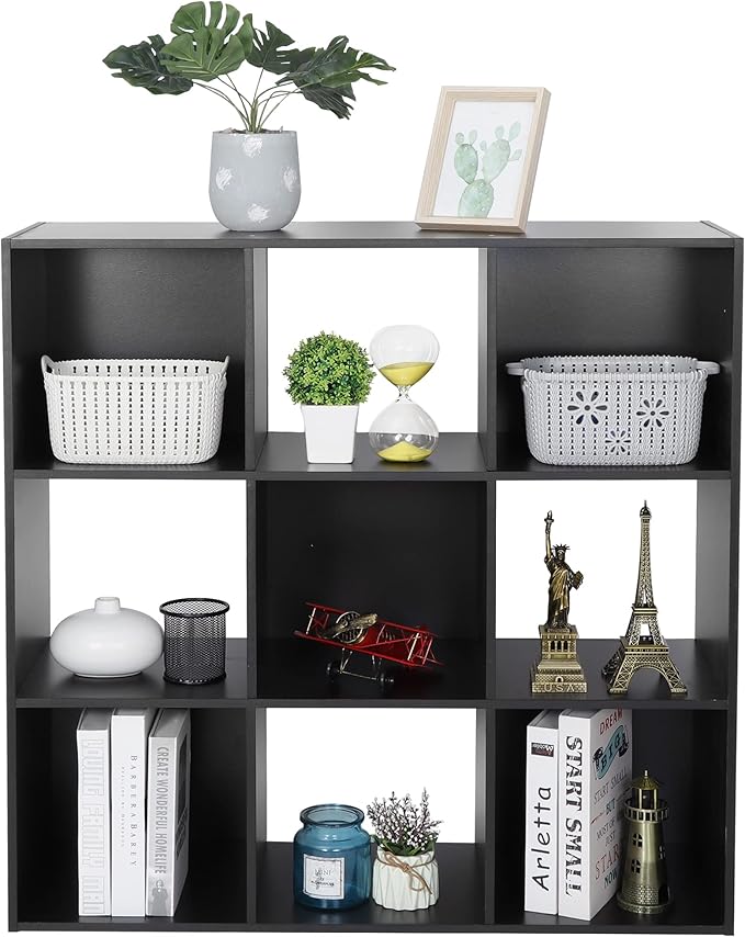 ZenStyle 9 Cube Storage Shelf Organizer, Wooden Bookshelf System Display Cube Shelves Compartments, Customizable W/ 5 Removable Back Panels (Black)