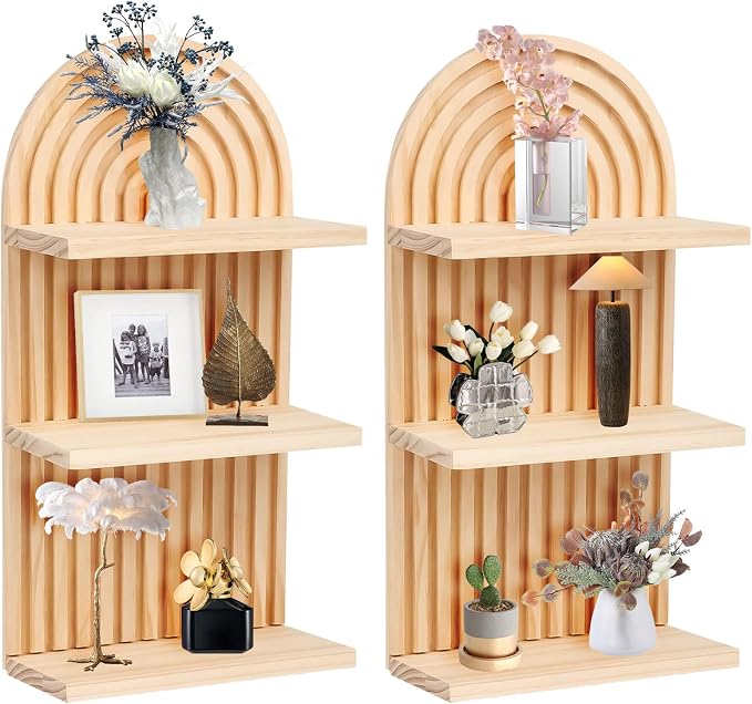 Boho Wall Decor Floating Shelves for Bedroom and Living Room, Mid Century Modern Wooden Wall Shelf Set for Plants and Display, Vintage Arched Decorative Shelves 2 pcs