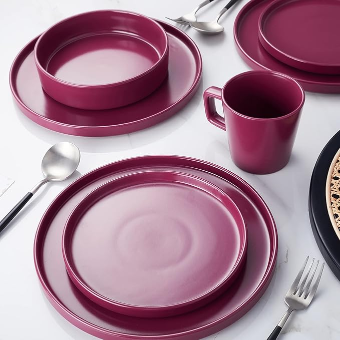 Stone Lain Cleo Stoneware 16-Piece Modern Dinnerware Set, Plates and Bowls, Magenta, Service for 4, Microwave & Dishwasher Safe