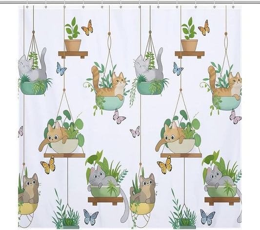 Cat Shower Curtain,Rustic Farmhouse Hanging Potted Plants Funny Animals Bathroom Curtain Polyester Waterproof Fabric Decor 72x72in（183x183cm）