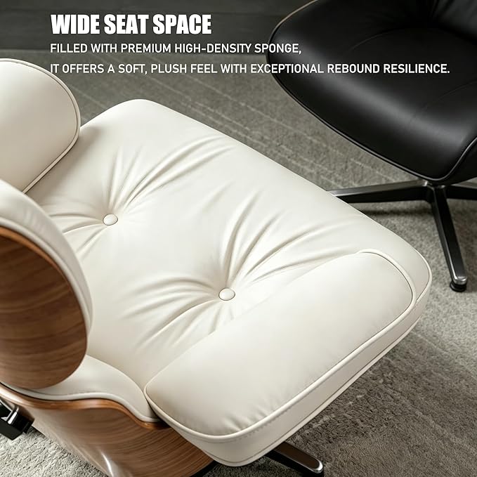 Mid Century Chaise Lounge Chair with Ottoman, Modern Retro Classic Design, PU Leather & Walnut Wood, Heavy Duty Metal Support, Comfortable for Living Room Bedroom Office（White-Premium）
