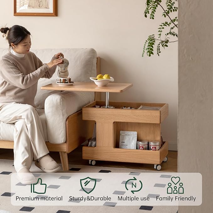 100% Solid Wood Lift Top Coffee Table with Storage, Small Bedside Table with Wheels and 360° Rotating Desktop, Rolling Coffee Table for Living Room, Bedroom(Natural, No Need to Install)