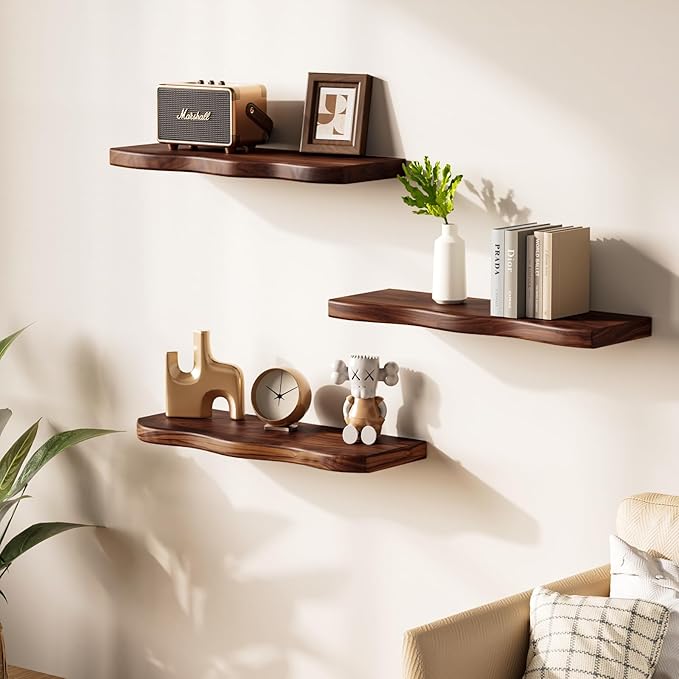Floating Shelves for Wall, 24 inch Rustic Wooden Floating Shelves, Wall-Mounted Floating Bookshelf, Hanging Shelves with Unique Natural Grain for Living Room, Bedroom, Kitchen (Walnut Color)