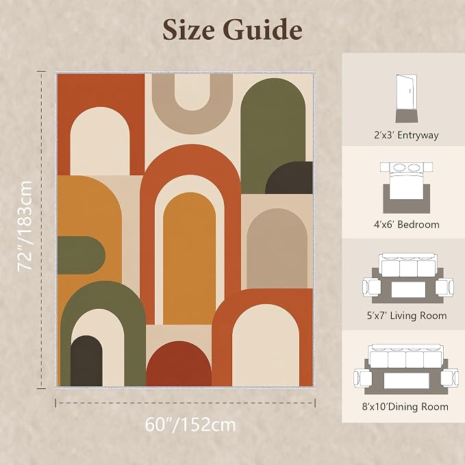 Mid Century Arch Area Rug 5x6, Terracotta Geometric Abstract Rug, Retro Modern Color Block Washable Low Pile Non Slip Rug for Living Room Bedroom