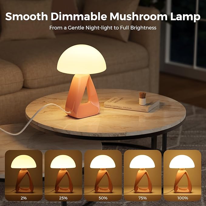 Mushroom Lamp, Small Table Lamp for Bedroom, Creative Geometric Ceramic Base Bedside Lamp, Mid Century Modern Side Table Lamp for Living Room Nightstand, Unique Aesthetic Home Decor Gift Ideas, Pink
