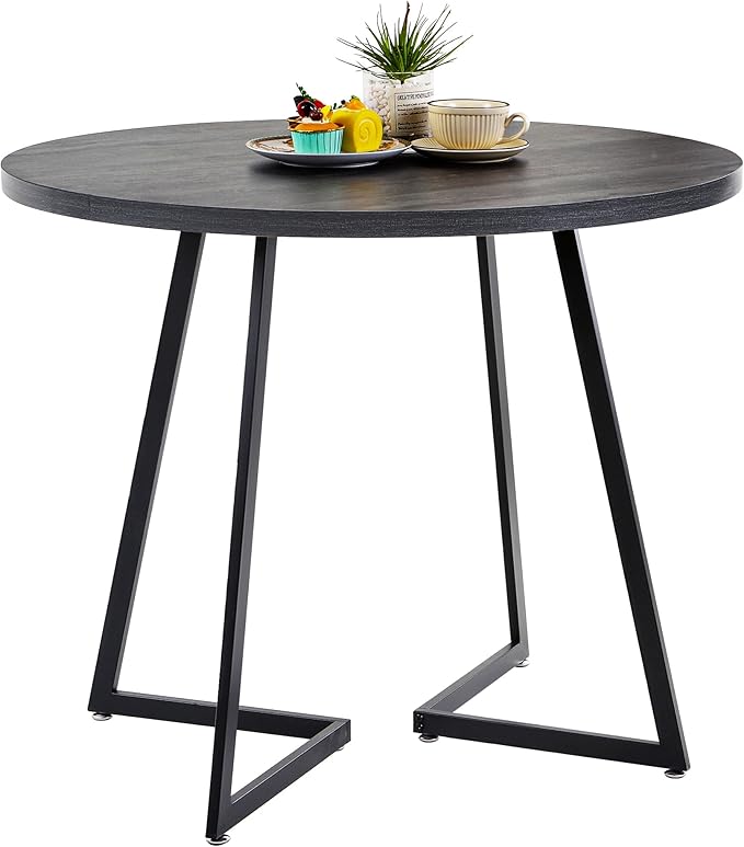 VECELO 35" Round Dining Table for 4, Wood-Grain Tabletop & Heavy-Duty Steel Frame, for Kitchen, Living Room, Easy Assembly, Dark Grey