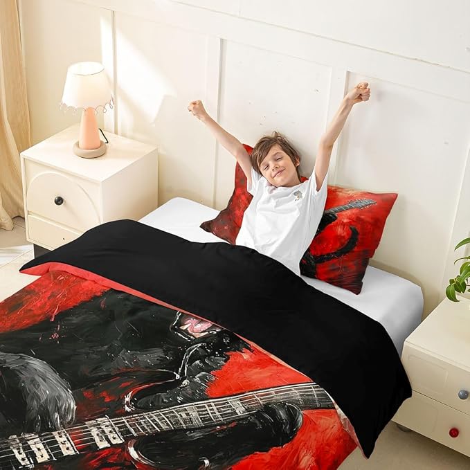 Erosebridal Rock Music Duvet Cover Twin Rock Black Cat Guitar Bedding Set Punk Music Lovers Room Decor Comforter Cover,Trendy Oil Painting Bed Set