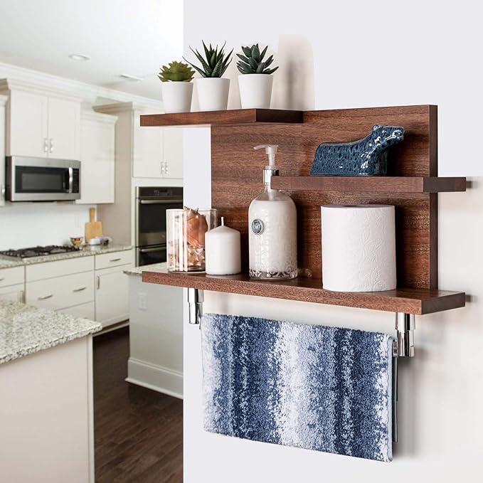 Straga Rustic Wall Mounted Bathroom Shelves - 23" Hardwood Shelf Organizers with 18" Towels Holder - A Modern Addition To Your Bathroom, Powder Room, Guest Bathroom and More (Mahogany)