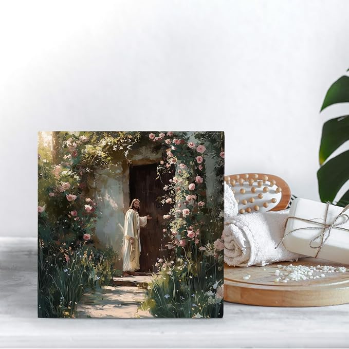Jesus Knocking at the Door Christian Wooden Box Sign Desk Decor, Cottagecore Religious Jesus Wood Signs for Church Prayer Room Home Office Desk Table Shelf Decorations, 5x5 Inch