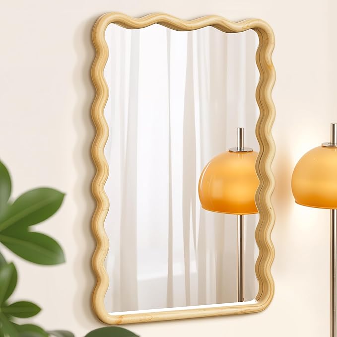 TRAHOME 24x36 Wavy Wood Bathroom Vanity Mirror, Boho Wall Mirror with Natural Wood Frame for Over Sink, Entryway, Bedroom
