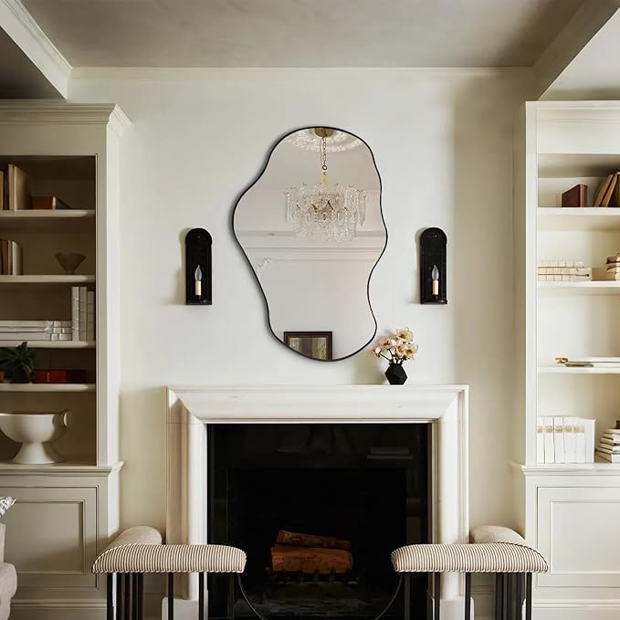 Irregular Shaped Mirror, 30"x20" Asymmetrical Mirrors with Metal Frame, Abstract Wall Mirrors Decorative, Modern Funky Mirror for Living Room Bathroom Bedroom Hallway Entryway Fireplace
