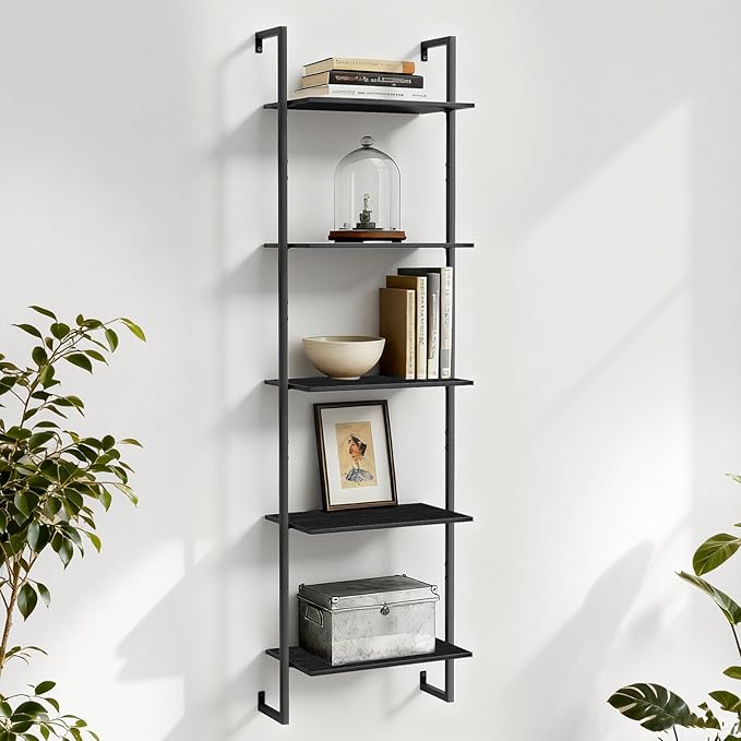 5 Tier Industrial Ladder Bookshelf 15.74" Dx9.44 Wx62.99 H, Wall Mounted Bookcase with Metal Frame for Home Office, Living Room, Study，Black