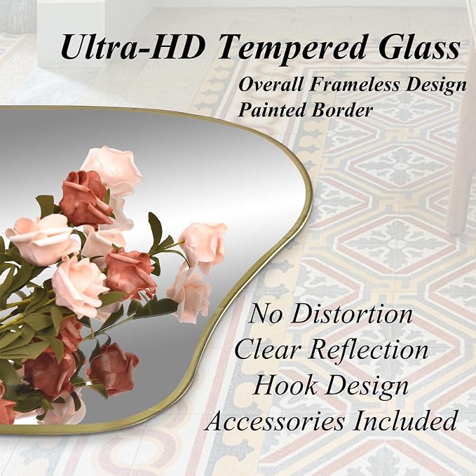 Irregular Wall Mirror, 47.2"x24" Gold Asymmetrical Tempered Glass Mirror, Frameless Organic Shaped Mirrors for Entryway Bedroom Living Room Bathroom, Horizontal or Vertical Hanging