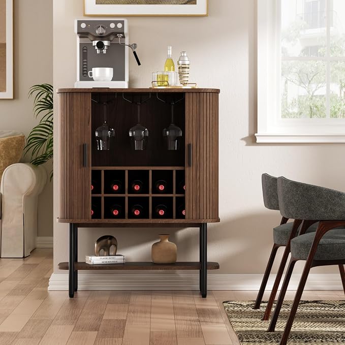 FiveWillowise Coffee Bar Cabinet with Storage, Fluted Wine Cabinet with Sliding Doors, Glass Holder and Wine Rack, Buffet Sideboard Liquor Cabinet for Kitchen, Dining Room, Living Room, Walnut