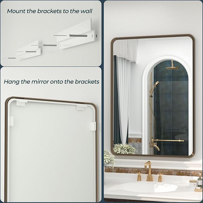 OKPAL 24x28 Bronze Bathroom Mirror, Brushed Bronze Metal Framed Mirror, Rounded Bronze Rectangle Mirror for Farmhouse, Bedroom, Anti-Rust (Horizontal/Vertical)