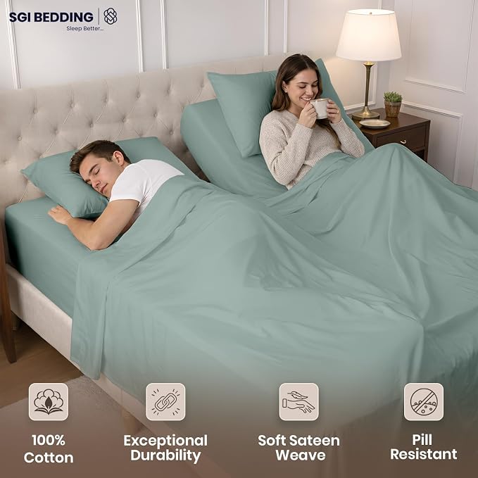 SGI Split King Sheet Set for Adjustable Bed Egyptian Premium Cotton 600 Thread Count Sheets for Sleep Number Bed 15" Deep Pocket 5 Pc Set with 2 Twin XL Fitted Sheets Soft Breathable -Aqua Green