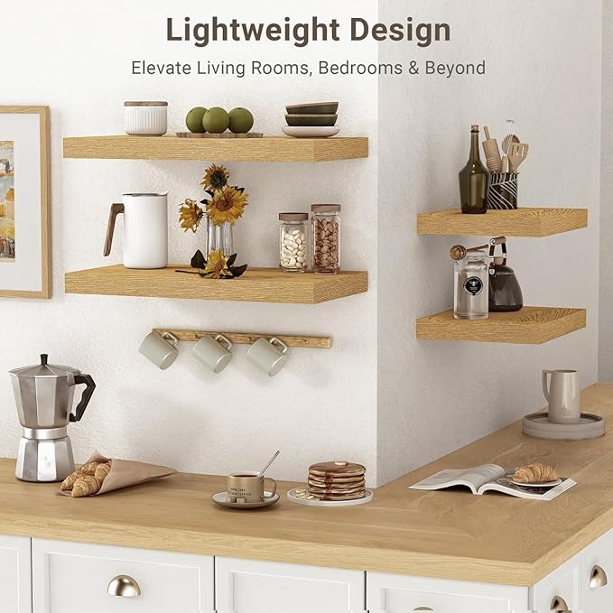Vivelove 10" Deep Floating Shelves with Invisible Brackets, 30" Wall Shelves for Bathroom Bedroom Kitchen Living Room Laundry Room, Modern Rustic Shelves for Home Decor, 30"x10.2"x1.5", Set of 2, Oak