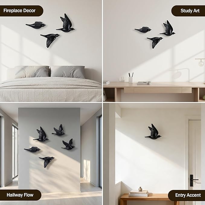 SHENGTIAN Black Resin Bird Wall Sculptures Set of 3, 3D Wall Art Decor for Living Room, Modern Black Wall Decor & Bird Gallery Wall Art