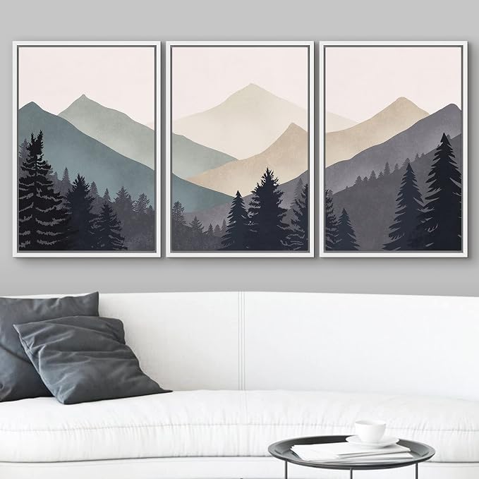 wall26 Framed Canvas Print Wall Art Set Woodland Nursery Decor Blue Gray Duotone Mountain Forest Abstract Nature Nordic Decorative Minimal Boho for Living Room, Bedroom, Office - 16"x24"x3 White