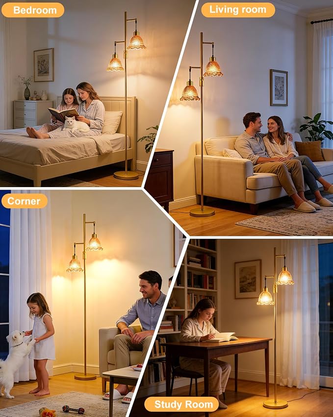 2-Light Modern Glass Floor Lamp, Gold Tall Standing Lamp with Deep Red Bell Glass Shade for Reading, Dimmable LED Floor Lamp with 5Lbs Heavy Base for Living Room Bedroom Home Decor, Bulb Included